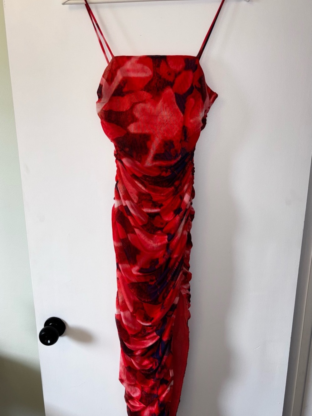 privy Red Ruched Maxi Slip Dress with Spaghetti Straps